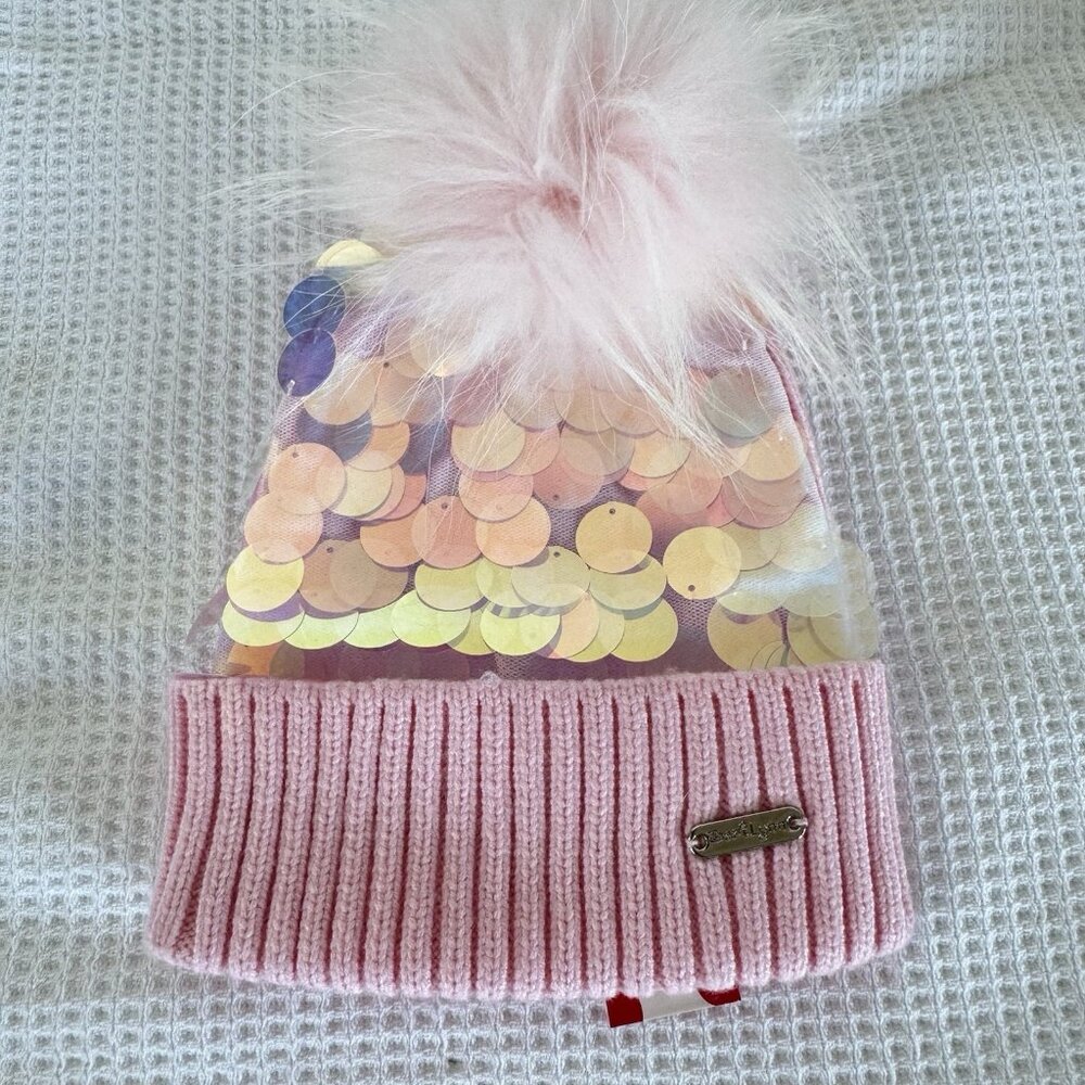 Bari Lynn Toddlers Girl Sequin Beanie With Fur Pompom New
